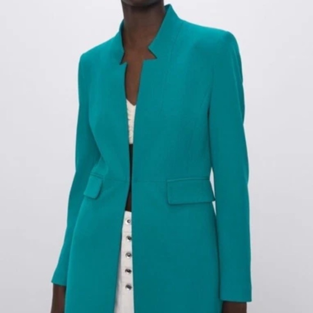 Zara Turquoise Inverted Lapel Long Blazer